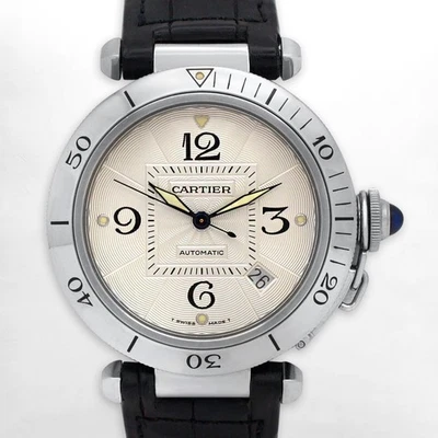 Cartier Pasha 38 mm automático 2378 esfera blanca fecha bisel de acero correa de cuero negro Foto 1 de 4