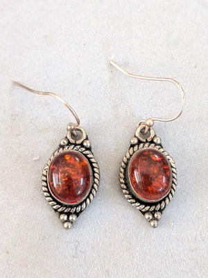 复古琥珀银耳环 1 英寸 1 英寸吊坠耳环银色套装  — 第 1/4 张图片