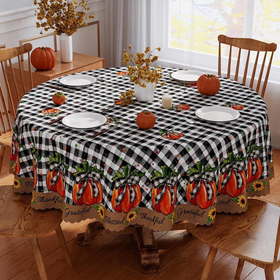Mantel Otoño 70x70 Pulgadas Redondo, Buffalo Cuadros Calabaza Mantel Festoneado Ed Foto 1 de 4