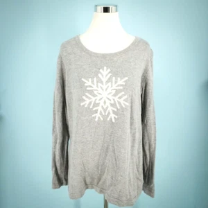 Talbots Plus Size 1X Gray Snowflake Print Graphic Crew Tie Keyhole Knit Sweater - Picture 1 of 6