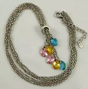 Vtg Sterling Silver 925 Tri Color Briolette Crystals Necklace Blue Pink Yellow - Picture 1 of 9