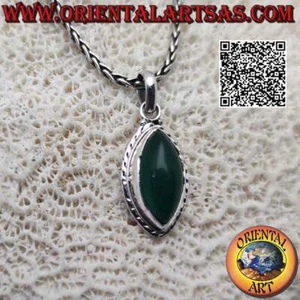 Ciondolo in argento 925 agata verde a navetta cabochon su montatura semplice con - Foto 1 di 4