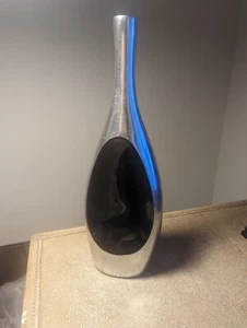 Large MCM Forged Silver and Black Enamel Vase 14.75" Made in India - Picture 1 of 7