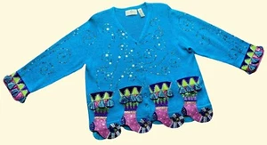 Vintage  2XL ugly Christmas sweater cardigan blue beaded sequins tassels - Picture 1 of 5