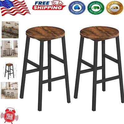 Set of 2 Industrial Bar Stools - 24.4 Inch Round Kitchen Chairs in Rustic Brown - Image 1 of 4