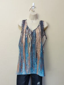 Ladies Tank Top Sz L V- Neck Aqua Tan Gray Beach Mermaid Casual - Picture 1 of 11