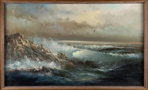 Oil on canvas painting W. James - 20TH SUPERB CORNISH BEACH SIGNED - Picture 1 of 2