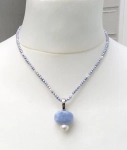 Perlen Kette mit Chalcedon Anhänger an Varioclip Perlen Unikat Collier 4734 - Bild 1 von 7