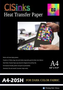 20 Fogli Carta Trasferimento Calore Inchiostro Tessuto Scuro A4 (8,27" x 11,7") per Cotone - Foto 1 di 2