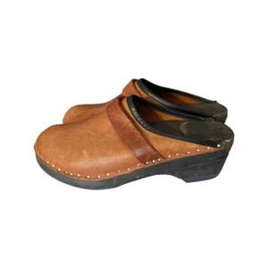 Bastad -Original Red Leather Clogs Wooden Heels Size 7/37 Made In Sweden - Picture 1 of 12