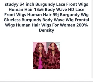 34 INCH BURGUNDY LACE FRONT WIG 13X6 BODY WAVE 99J 200% DENSITY - Picture 1 of 2
