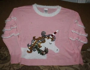99 Jane Street Rosa Damen Pailletten Ugly Unicorn Weihnachten Urlaub Pullover XXL - Bild 1 von 5
