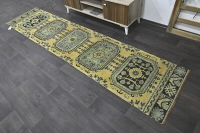 Vintage Turkish Runner Rug 2x10ft YELLOW Handmade Anatolian Oushak Hallway Wool - Image 1 of 4
