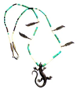 VINTAGE NAVAJO TURQUOISE/Shell Heishi - STERLING Long Feather/Lizard Neckpiece - Picture 1 of 5