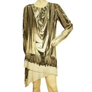 Roberto Cavalli Gray Taupe Printed 100% Silk Mini Dress Asymmetric longsleeve 42 - Picture 1 of 8