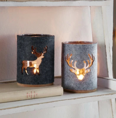 Hirsch Windlichter Filz Glaseinsatz Grau Landhaus Herbst Winter - 2 Stück im Set - Bild 1 von 4
