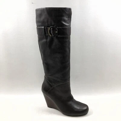 GUESS Botas de Montar Altas de Cuero Marrón Hasta la Rodilla para Mujer 8 M/39 Cuña Pull On Foto 1 de 4