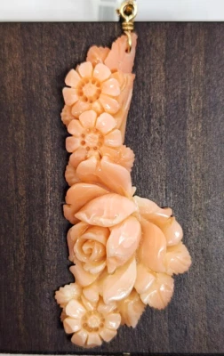 Carved Floral Angel Skin Coral 14k Gold Pendant 2.5" Long - Image 1 of 4