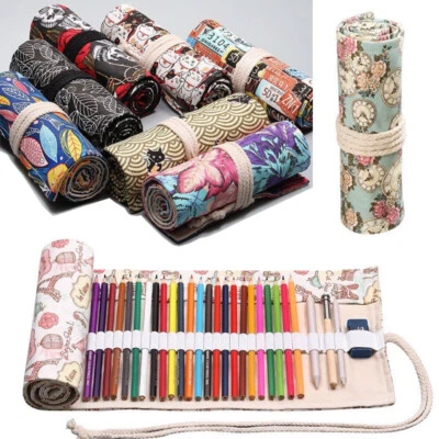 12-72Holes Colored Roll Up Pencil Case Canvas Wrap Pen Bag Pouch Storage Holder - Image 1 of 4