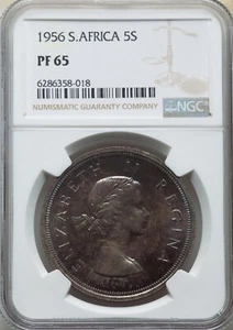 SOUTH AFRICA ,  PROOF 5 SHILLINGS 1956 - NGC PF 65 , RAREZ - Picture 1 of 2