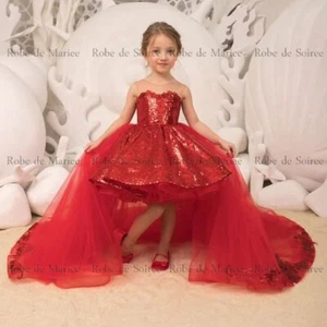 Fashion Flower Girls With Train Wedding Long Sleeves Dress Sequin Kid Bridesmaid - Picture 1 of 2