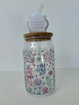 10 Strawberry Street «Космос» 15 унций стеклянный стакан с бамбуковой крышкой и соломой новый с Ярлыками! - Изображение 1 из 4