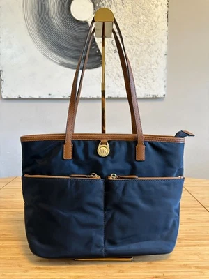 MICHAEL KORS Kempton - Medium Tote Purse Bag NAVY BLUE NYLON Tan Leather Handles - Image 1 of 4