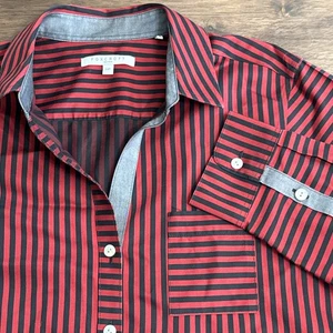 Camisa Foxcroft Top Mujer 14P Roja Negra Rayas Abotonada Sin Planchar - Imagen 1 de 7