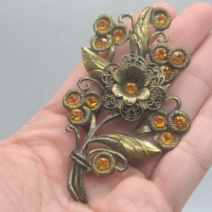 Vintage Pot Metal Brooch Orange Rhinestones Flowers - Picture 1 of 16