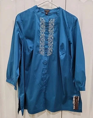 Dana Buchman Women Blouse Peacock Blue Button Front Beaded Tunic Top Plus 1X NWT - Image 1 of 4