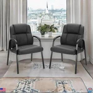 Set of 2 Big & Tall PU Leather Office Chairs, Padded Arms, No Wheels, Guest - Picture 1 of 6