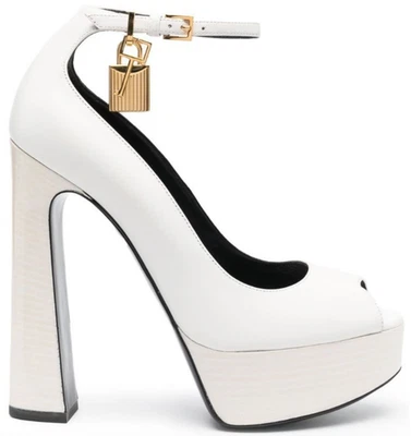 NIB Tom Ford Padlock Chalk White Gold Lock Platform Peep Toe Pumps 42 12 $2190 - Image 1 of 4