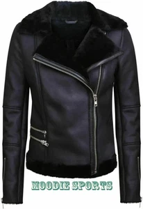NEW Women's B3 Bomber RAF Black Aviator Flying Fur Shearling Real Leather Jacket - Picture 1 of 4