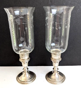 Vintage Pair Sterling Silver Hurricane Candlestick Holders w/ Etched Globes 13" - Picture 1 of 11