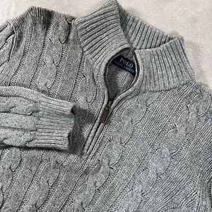 Polo Ralph Lauren Men Large Gray Cable Knit Sweater Tussah Silk 1/4 Zip - Picture 1 of 8