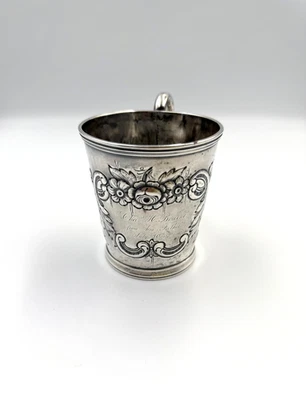 Antique Coin Silver Floral Repousse 1852 Baby Cup, Engraved Bourne - Image 1 of 4
