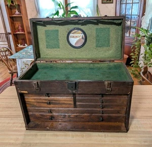 HANDSOME! 20" Machinist's Toolbox 7-Drawer OAK Tool Box Case USA Vintage Antique - Picture 1 of 14