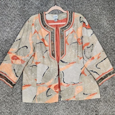 Куртка Chicos украшенная металлическим бисером размер 3 США XL 16 желтовато-коричневый коралл абстрактный хлопок - Изображение 1 из 4
