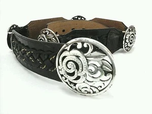 BRIGHTON Belt Brown Woven Croc Leather Concho Rhinestones Silvertone Size 30 $89 - Picture 1 of 1
