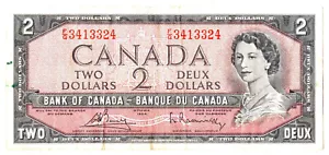 BANK OF CANADA TWO DOLLAR BILL GREAT SHAPE RARE $2 SERIES 1954 OTTAWA FG3413324 - Picture 1 of 2