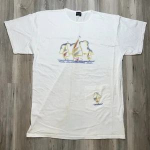 Vintage Alore Made In USA Embroidered Boats Print White T Shirt Size OS unisex - Picture 1 of 8