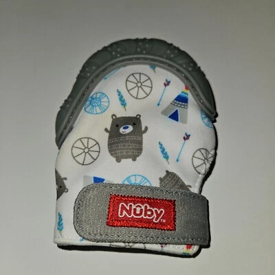 Nuby Soothing Teething Mitt Mitten Silicone Crinkle Gray Bear Blue NEVER USED - Image 1 of 4