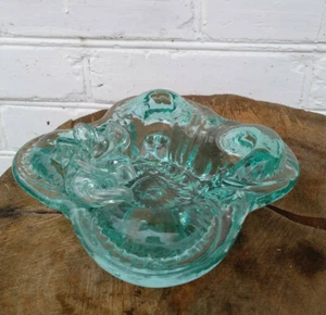 Antique Blown Green aquamarine octagram Glass Ashtray  Heavy Massive  - Picture 1 of 11