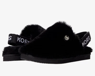 MICHAEL KORS Elsie Slingback Flat Slippers Black Silky Fur MK Logo Strap Size 10 - Image 1 of 4