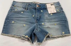SO FAVORITE RAW HEM STRETCH DENIM SHORTIE W/ EMBROIDERED DAISIES MID RISE - Picture 1 of 4