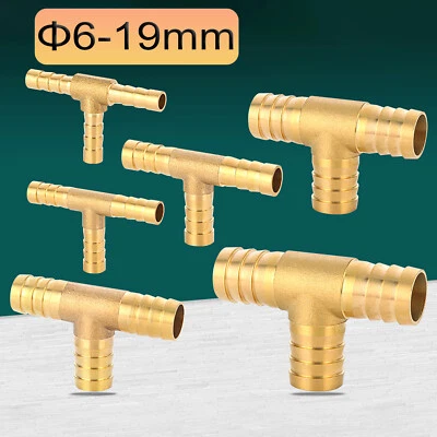 Brass T Piece Barbed 2/3/4 Way 6mm 8mm 10mm 12mm 19mm Fuel Hose Joiner Adapter - Image 1 of 2