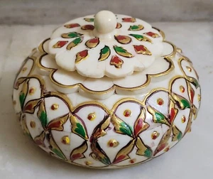 Table Decorative Camel Bone Embossed Gold Hand Painted Round Shape Trinket Box - Picture 1 of 7