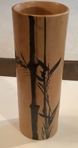 Japanese Bamboo Flower Vase Natural Wood Black Design 7 Inch Hi Vintage - Picture 1 of 5