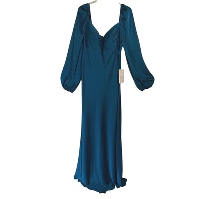 NWT $398 MAC DUGGAL Teal Satin Sweetheart Neck Long Sleeve Maxi Dress Sz 12 - Image 1 of 4