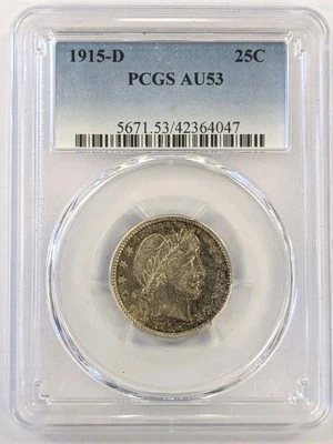 1915 D PCGS AU 53 BARBER QUARTER!  - Image 1 of 2